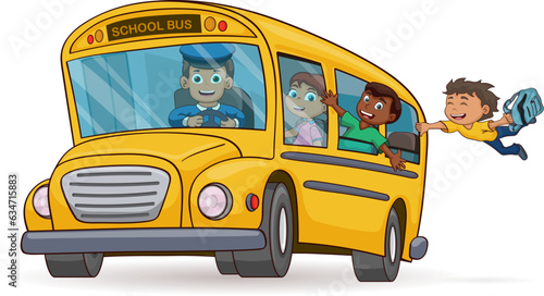 Funny school bus. Kids riding on school bus.