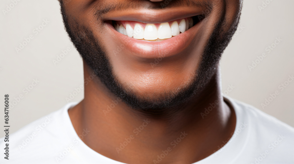A close-up shot of the lower portion of a man's face. He boasts a lovely, charming smile with immaculate teeth. Features include his chin, nose, and mouth. Ideal for dental service promotions. AI A close-up shot of the lower portion of a man's face. He boasts a lovely, charming smile with immaculate teeth. Features include his chin, nose, and mouth. Ideal for dental service promotions. AI