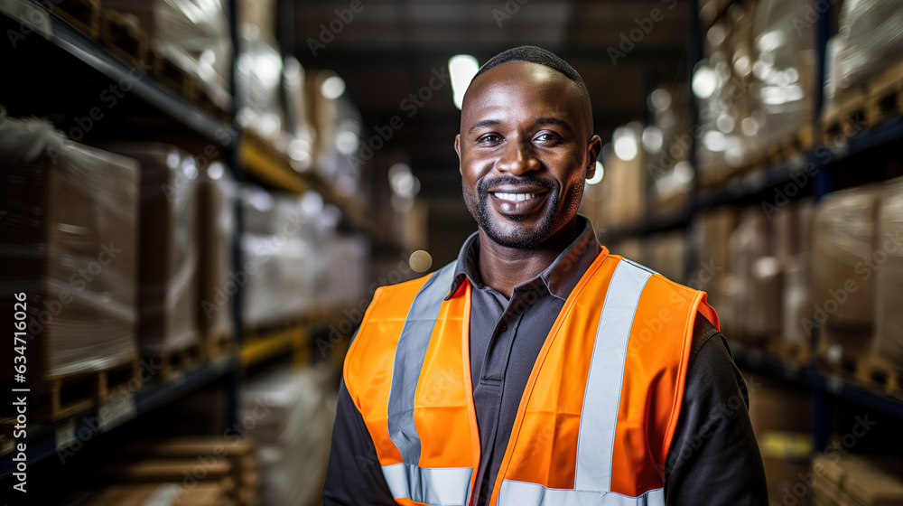 Worker in a warehouse, African American man in high visibility vest, arms crossed confident look, blurred shelves stacks background. Digital illustration generative AI. Worker in a warehouse, African American man in high visibility vest, arms crossed confident look, blurred shelves stacks background. Digital illustration generative AI.