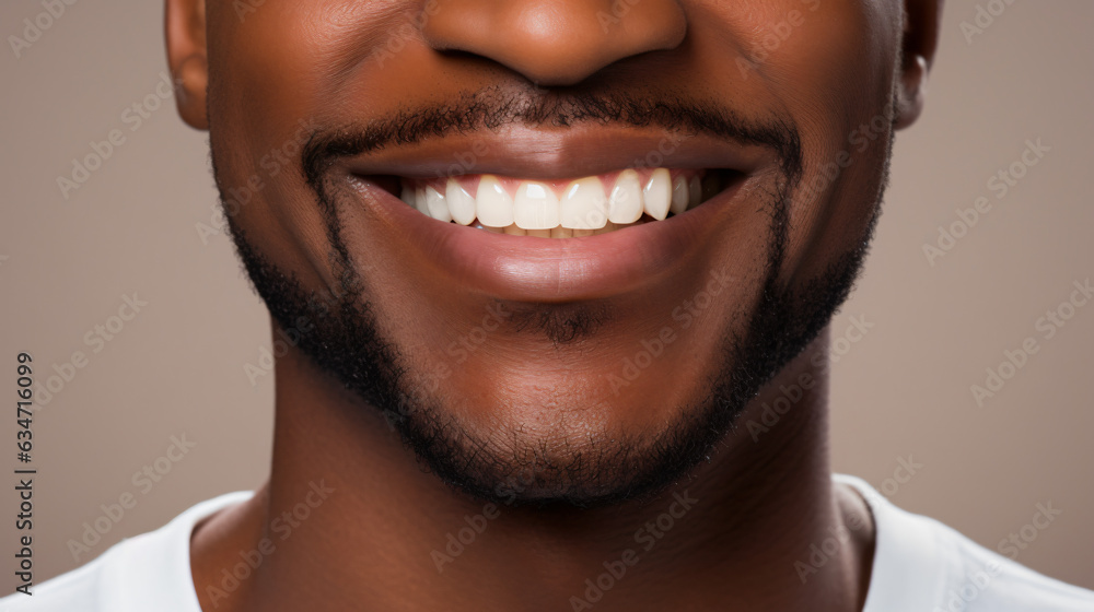 A close-up shot of the lower portion of a man's face. He boasts a lovely, charming smile with immaculate teeth. Features include his chin, nose, and mouth. Ideal for dental service promotions. AI A close-up shot of the lower portion of a man's face. He boasts a lovely, charming smile with immaculate teeth. Features include his chin, nose, and mouth. Ideal for dental service promotions. AI