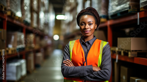 Warehouse worker, African American woman in high visibility vest, arms crossed confident look, blurred shelves stacks background. Digital illustration generative AI.