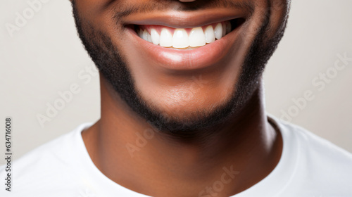 A close-up shot of the lower portion of a man's face. He boasts a lovely, charming smile with immaculate teeth. Features include his chin, nose, and mouth. Ideal for dental service promotions. AI 