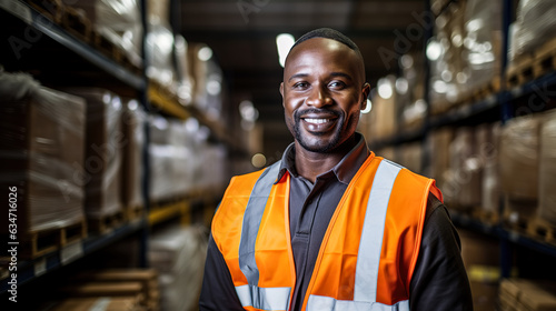Worker in a warehouse, African American man in high visibility vest, arms crossed confident look, blurred shelves stacks background. Digital illustration generative AI.