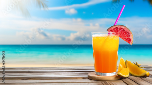 Vacation summer holiday travel tropical ocean sea background panorama - Close up of orange juice on the wooden floor with ocean and blue sky in the background. Digital illustration generative AI.