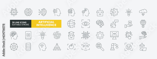 Set of 36 Artificial intelligence line icons set. AI outline icons with editable stroke collection. Includes machine learning, smart robotic and cloud computing network digital AI technology.