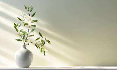 Minimalistic light background with a ceramic vase with the plant and blurred foliage shadow on a light wall. Generated AI.