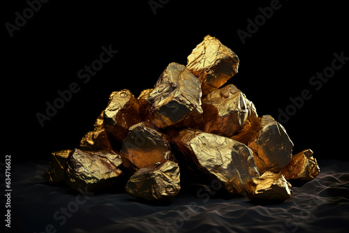 Golden nuggets on dark background. pure gold ore found in the mine