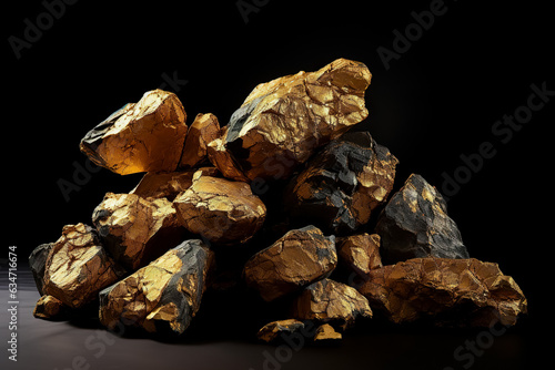 Golden nuggets on dark background. pure gold ore found in the mine