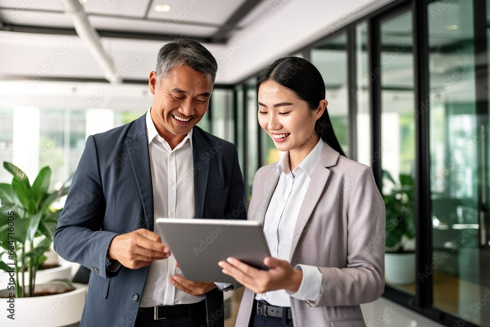 two happy asian business people meeting at the office