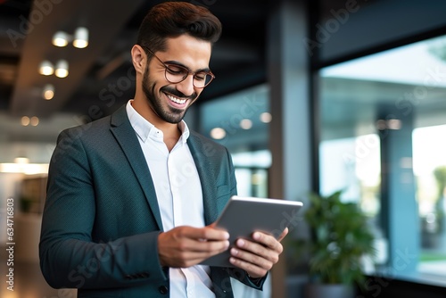 Obraz na płótnie happy young latin business man executive holding tablet at the office w salonie