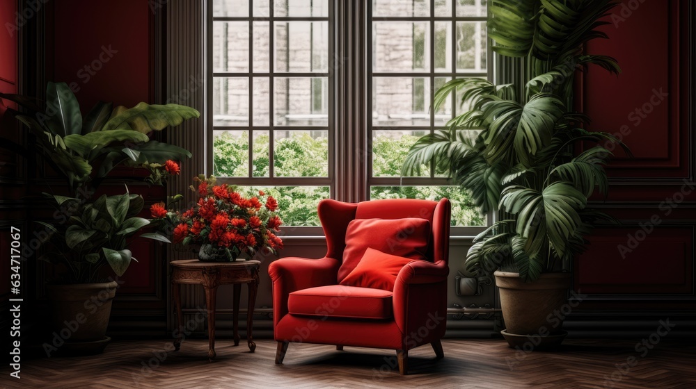 Luxurious Living Room Interior with Red Armchair, Grand Window Backdrop, and Greenery
