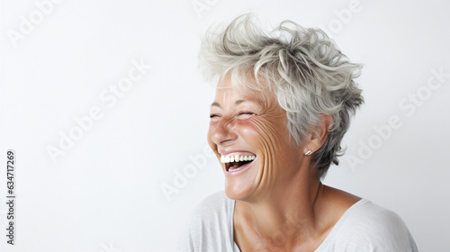 A close-up portrait of a beautiful senior woman with short gray hair, laughing and displaying her pristine teeth. This image was utilized for a dental advertisement. Gen AI