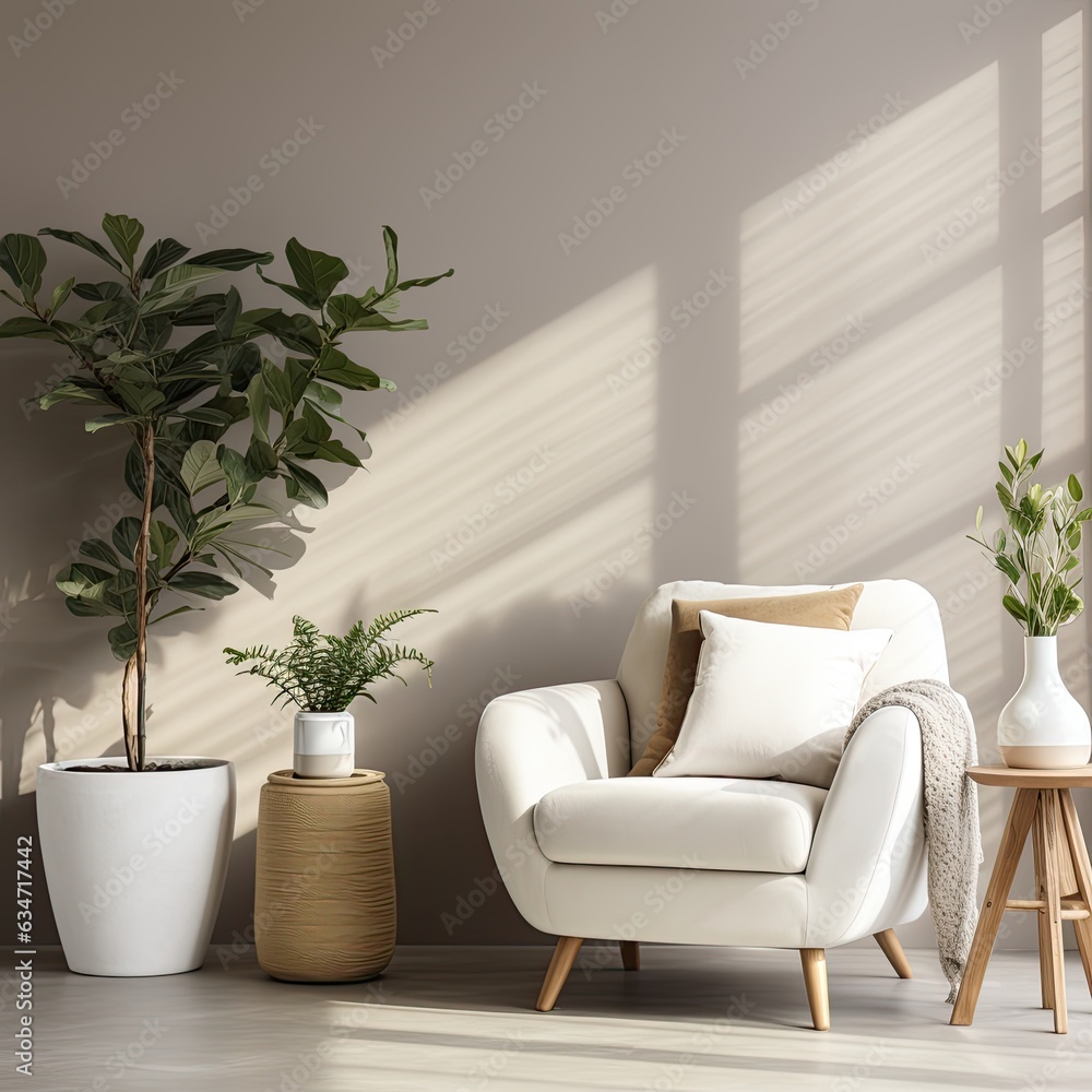 Living room interior with plant and white armchair