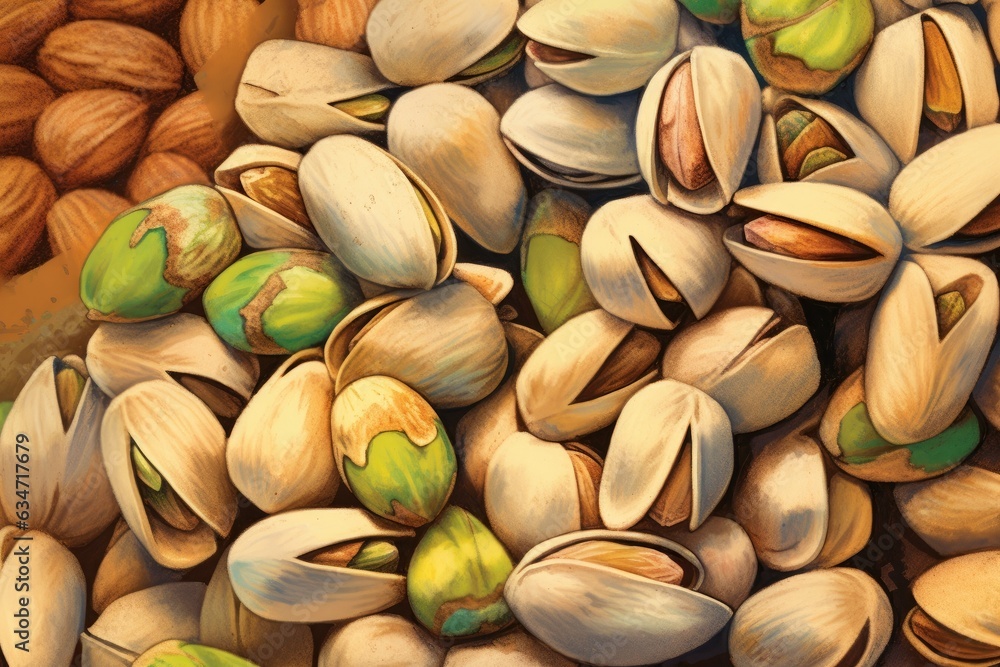 Close up of illustration of drawn organic nuts pistachios. Top view. Background texture of pistachios. Close up of illustration of drawn organic nuts pistachios. Top view. Background texture of pistachios.