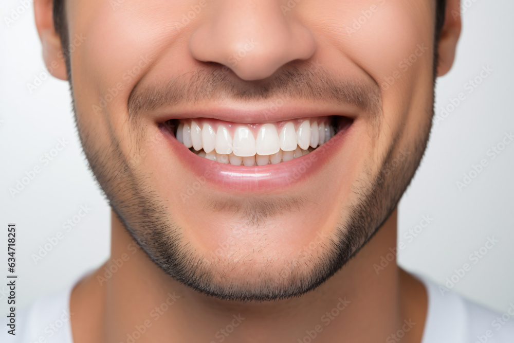 Fototapeta premium A close-up shot of the lower portion of a man's face. He boasts a lovely, charming smile with immaculate teeth. Features include his chin, nose, and mouth. Ideal for dental service promotions. AI 