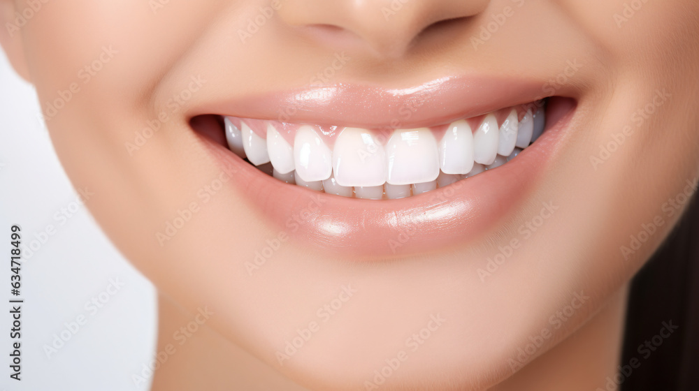 A close-up shot of the lower portion of a woman's face. She boasts a lovely, charming smile with immaculate teeth. Features include her chin, nose, and mouth. Ideal for dental service promotions. AI A close-up shot of the lower portion of a woman's face. She boasts a lovely, charming smile with immaculate teeth. Features include her chin, nose, and mouth. Ideal for dental service promotions. AI