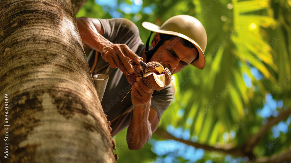 A man climbs a tall coconut tree to pick fresh coconuts A man climbs a tall coconut tree to pick fresh coconuts