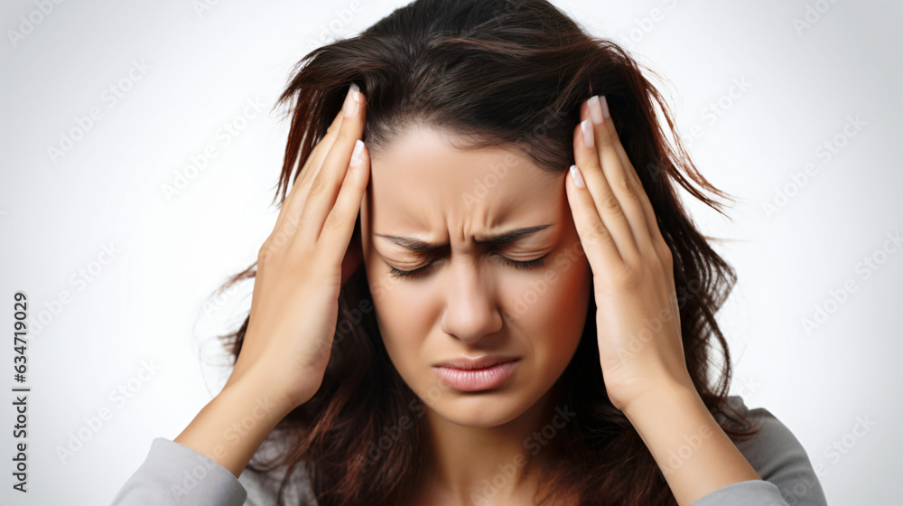 An adult woman with a migraine headache holding her head in pain. Isolated on a white background. Studio photo.
Generative AI An adult woman with a migraine headache holding her head in pain. Isolated on a white background. Studio photo.
Generative AI
