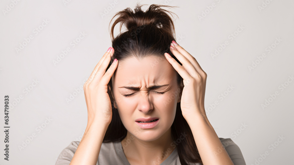 An adult woman with a migraine headache holding her head in pain. Isolated on a white background. Studio photo.
Generative AI An adult woman with a migraine headache holding her head in pain. Isolated on a white background. Studio photo.
Generative AI