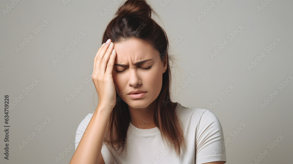An adult woman with a migraine headache holding her head in pain. Isolated on a white background. Studio photo.
Generative AI
Generative AI An adult woman with a migraine headache holding her head in pain. Isolated on a white background. Studio photo.
Generative AI
Generative AI