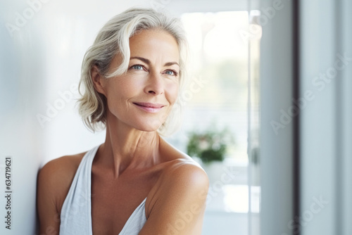 Headshot of gorgeous mid age adult 50 years old blonde woman standing in bathroom after shower touching face, looking at reflection in mirror doing morning beauty routine. Older skin care concept. photo