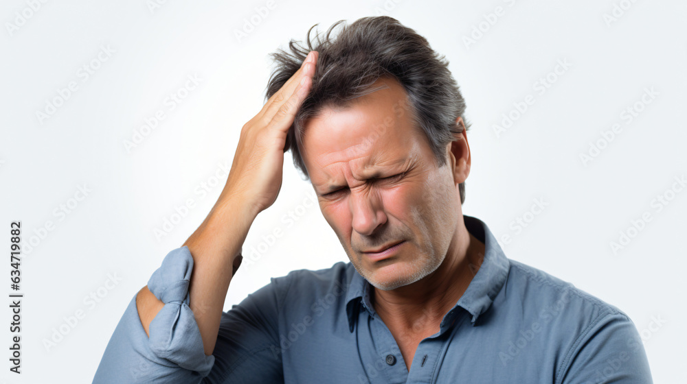 An adult man experiencing a migraine headache, clutching his head in pain. Isolated on a white background. Studio shot.
Generative AI An adult man experiencing a migraine headache, clutching his head in pain. Isolated on a white background. Studio shot.
Generative AI