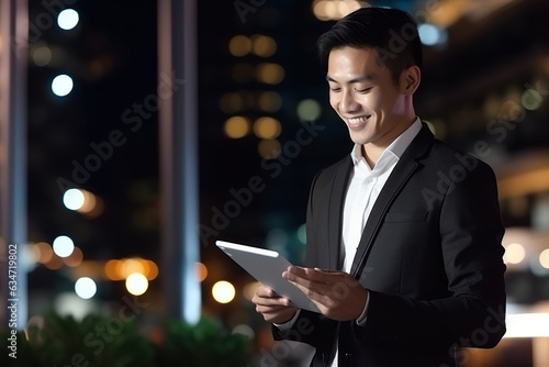 Smiling young asian business man professional, eastern businessman executive standing outdoors on street reading ebook holding using digital tablet online technology in night city with urban lights