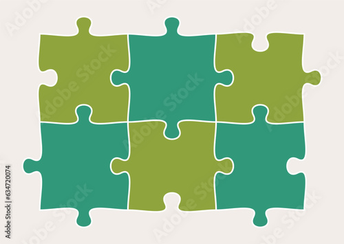 Six connected jigsaw puzzle parts flat vector illustration. Infographic template with separate matching pieces. Teamwork concept.