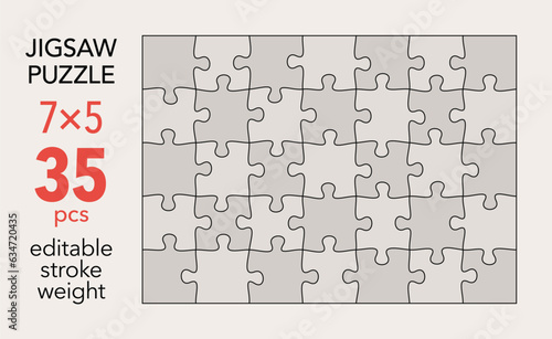 Empty jigsaw puzzle grid template, 7x5 shapes, 35 pieces. Separate matching puzzle elements. Flat vector illustration layout, every piece is a single shape.