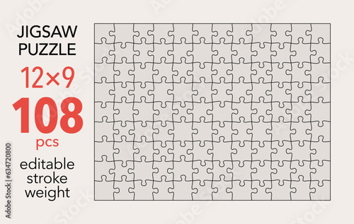 Empty jigsaw puzzle grid template, 12x9 shapes, 108 pieces. Separate matching puzzle elements. Flat vector illustration layout, every piece is a single shape.