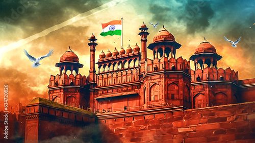 India Independence Day banner with red fort and Indian flag - ai generative photo