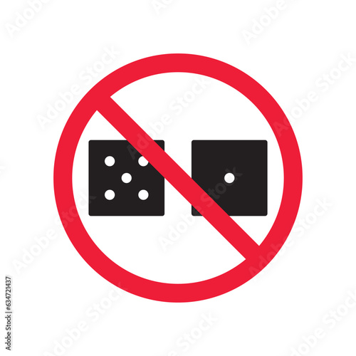 Forbidden gambling vector icon. Warning, caution, attention, restriction, label, ban, danger. No dice flat sign design pictogram symbol. No casino gamble icon
