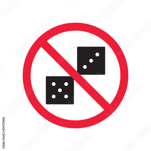 Forbidden gambling vector icon. Warning, caution, attention, restriction, label, ban, danger. No dice flat sign design pictogram symbol. No casino gamble icon