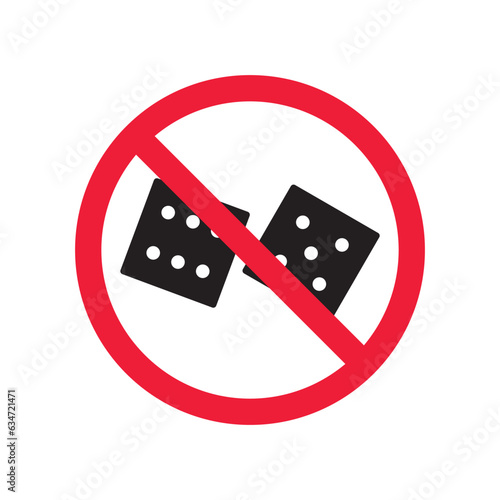 Forbidden gambling vector icon. Warning, caution, attention, restriction, label, ban, danger. No dice flat sign design pictogram symbol. No casino gamble icon