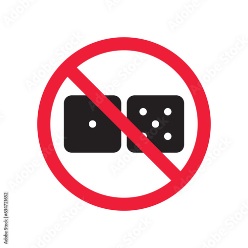 Forbidden gambling vector icon. Warning, caution, attention, restriction, label, ban, danger. No dice flat sign design pictogram symbol. No casino gamble icon