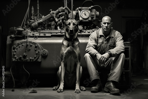 機械の前で写真を撮る大型犬と男