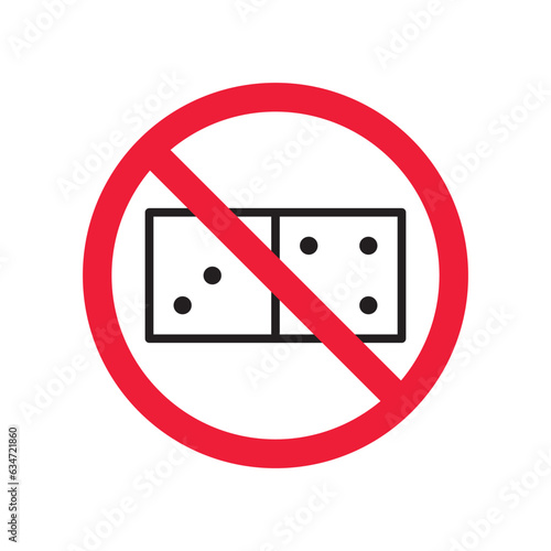 Forbidden gambling vector icon. Warning, caution, attention, restriction, label, ban, danger. No dice flat sign design pictogram symbol. No casino gamble icon