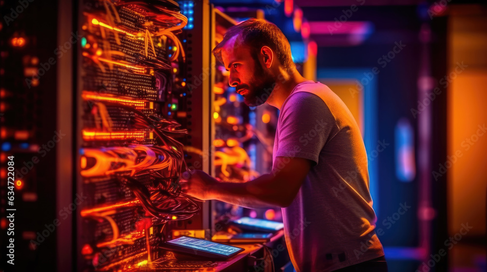 An IT technician is setting up a complex supercomputer system using a digital tablet beside a server cabinet An IT technician is setting up a complex supercomputer system using a digital tablet beside a server cabinet