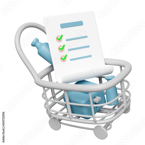 3d shopping carts or basket with  checklist, miscellaneous isolated. 3d illustration render © sirawut