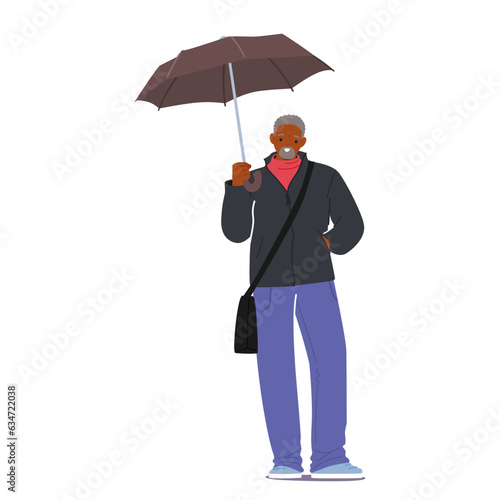 Elderly Black Gentleman Character Dressed In Cozy Autumn Attire, Holding An Umbrella To Shield From Rain