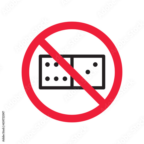Forbidden gambling vector icon. Warning, caution, attention, restriction, label, ban, danger. No dice flat sign design pictogram symbol. No casino gamble icon