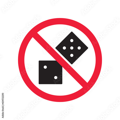 Forbidden gambling vector icon. Warning, caution, attention, restriction, label, ban, danger. No dice flat sign design pictogram symbol. No casino gamble icon