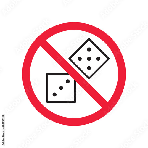 Forbidden gambling vector icon. Warning, caution, attention, restriction, label, ban, danger. No dice flat sign design pictogram symbol. No casino gamble icon