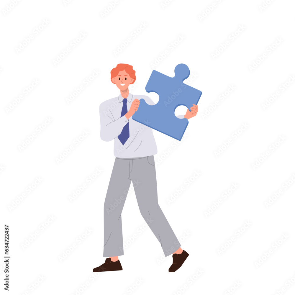 Happy smiling cheerful office worker with huge jigsaw puzzle in hands showing creative brainstorm Happy smiling cheerful office worker with huge jigsaw puzzle in hands showing creative brainstorm