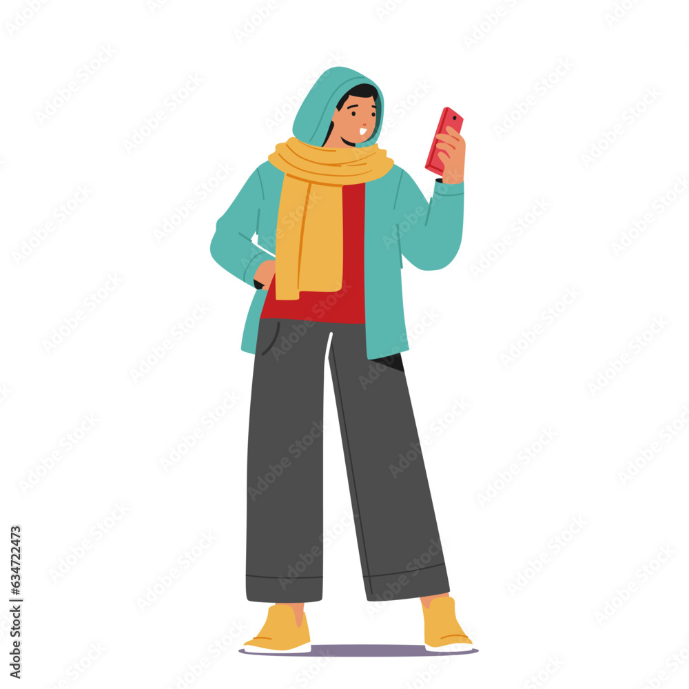 Stylish Woman In Autumn Attire, Holding A Smartphone. Female Character Embracing The Season With Cozy Sweater Stylish Woman In Autumn Attire, Holding A Smartphone. Female Character Embracing The Season With Cozy Sweater
