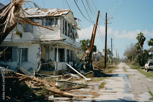Hurricane-hit Florida. Damaged homes and uprooted trees.Generative AI
