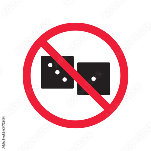 Forbidden gambling vector icon. Warning, caution, attention, restriction, label, ban, danger. No dice flat sign design pictogram symbol. No casino gamble icon