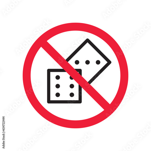 Forbidden gambling vector icon. Warning, caution, attention, restriction, label, ban, danger. No dice flat sign design pictogram symbol. No casino gamble icon