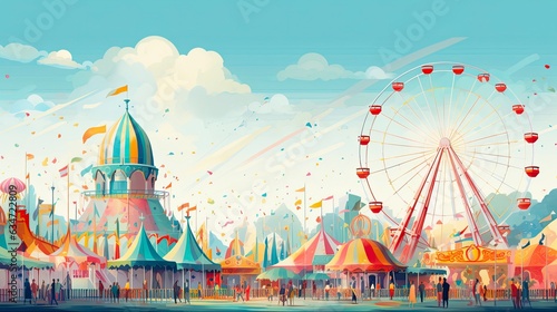 Fun Fair Festival: Paint-Like Illustration of Crowd and Decor in a Festive Carnival Atmosphere, Perfect for Artistic Wallpapers and Backgrounds Generated by AI: Generative AI