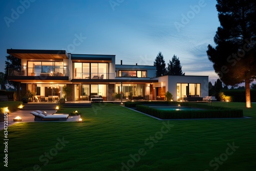Modern Home Exterior at Twilight. Beautiful New House with Night-time Landscaping, Glowing Interior Lights, and Lush Green Lawn: Generative AI